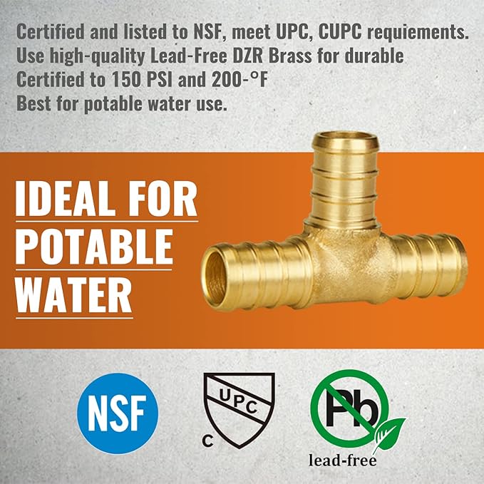 SUNGATOR 6-Pack 1/2" Pex Tee Fittings, Pex Fittings 1/2 Inch Tee, No Lead Brass, NSF, UPC Certified