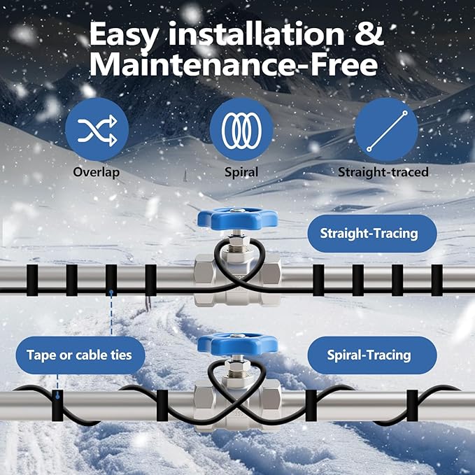 130FT（3FT-200FT） Pipe Heating Cable for Pipe Freeze Protection, Heat Cable for Water Pipes(Metal and Plastic), Pipe Heat Tape Keeps Water Flowing at -40°F 5w/ft, 120V Plumbing fixture