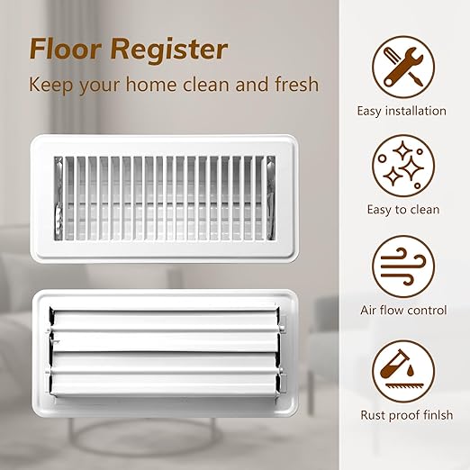 2Pcs Floor Vents Floor Registers 4x10 Inch, Heavy Duty Metal Hot Air Vent Covers 4x10 Inch with Rust-Proof Finish for Home Heater Floor Vent Grilles and Vents (2, White, 4x10 Inches)