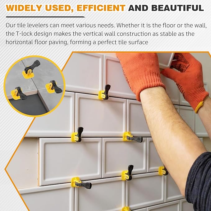 Nuanchu Tile Leveling System Kit 200 Reusable Tile Spacers + 200 1/16'' Replaceable Spare Steel T-pin, Leveling Clips Fit 8-12mm Floor Compounds Set for Wall & Floor (Yellow)