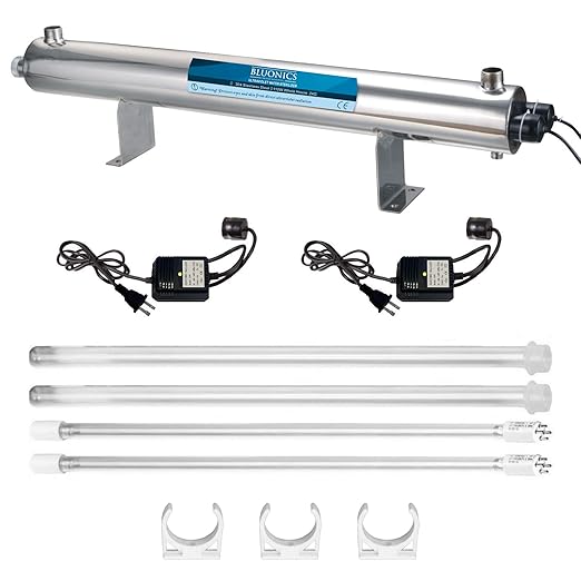 Bluonics 110W UV Ultraviolet Light Plus Sediment and Carbon Well Water Filter Purifier System with NPT 1" Ports, 24 GPM UV with 3 Filter Size 4.5” x 20" Filters