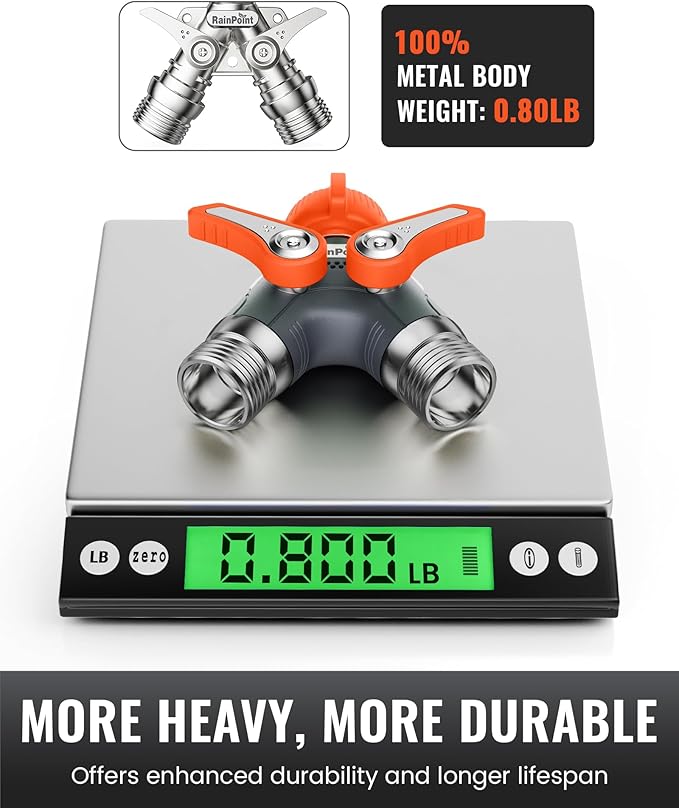 RAINPOINT Garden Hose Splitter, 2 Way Heavy Duty Water Hose Y Spigot Splitter with Shutoff Valves, 100% Metal Body Outdoor Faucet Splitter, 1.9" Extra Long Metal Handle, 3/4" GHT Thread (2, Orange)