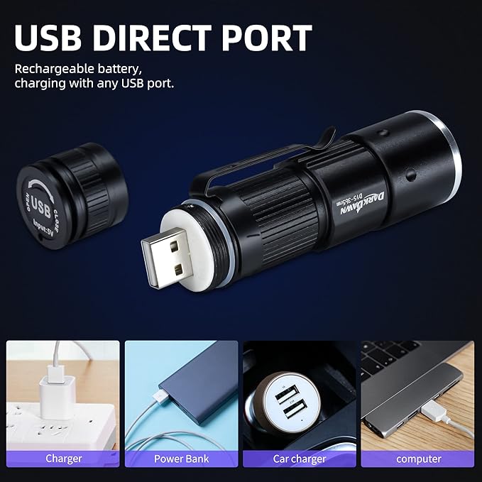 DARKDAWN UV 365nm Black Lights Flashlights USB Rechargeable, Wood's Lamp Ultraviolet LED Portable Mini, Blacklight for cat Urine Detection Dry Stains, Uranium Glass, Leak Detection, D15 365 nm 2 Pack