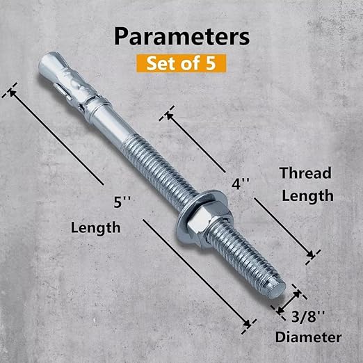 Party Animals 3/8 x 5 Inch Wedge Anchor, 5 PCs Zinc-Plated Industrial Anchor Bolts for Cement, Concrete