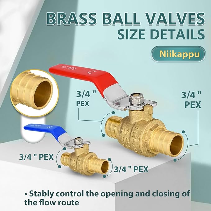 20 Pack Ball Valves, 3/4" Pex Crimp Shut Off Valve, Brass Full Port Pex B Shut Off Ball Valve for Hot and Cold Water, NSF/ANSI 61 Certified