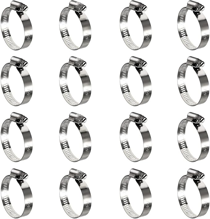 16 Pack Stainless Steel Hose Clamps, 1 inch to 2 inch Worm Gear Metal Hose Clamps for Pipe, Dryer Repair, Tubing and Fuel Line