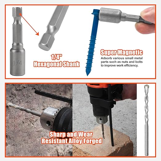 100Pcs 3/16" x1-1/4 Concrete Screws with Drill Bit, Hex Head Concrete Cement Screws Anchor Assortment Kit for Masonry, Block Brick or Stucco