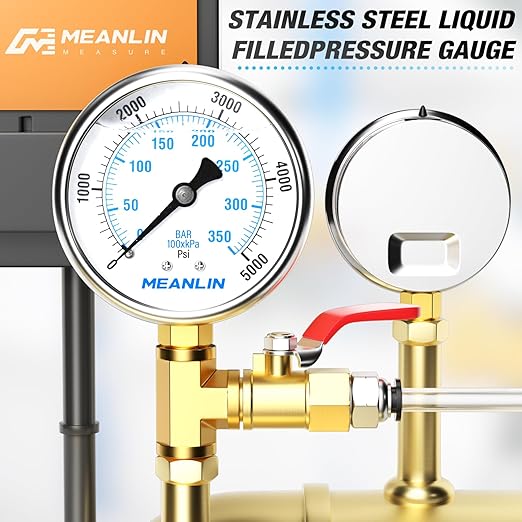 MEANLIN MEASURE 0~5000Psi Liquid Filled Pressure Gauge 1/4" NPT 2.5" FACE DIAL Stainless Steel Glycerin Filled WOG Water Oil Air Lower Mount (with 2PCS Snaps)