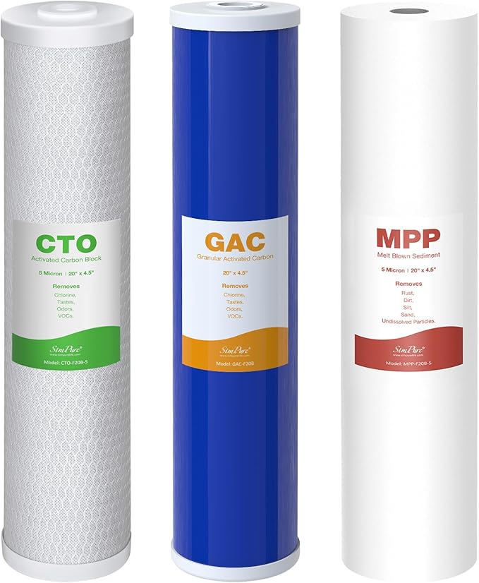SimPure Whole House Water Filter Cartridges 5 Micron 20" x 4.5" PP+GAC+CTO 3-Stage Sediment and Carbon Filter Set, for DB20P-3, DGD-5005-20, GAC-20BB, FC25B, 1 Set