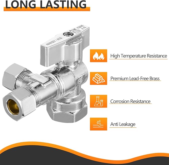 5-PCs HeSun Quarter-Turn Angle Stop Valve, 1/2" FIP x 3/8" OD Comp x 3/8" OD Comp, Dual Compression Outlet Shut Off Valve, PEX Chrome Plated Brass(VALVE209-5)