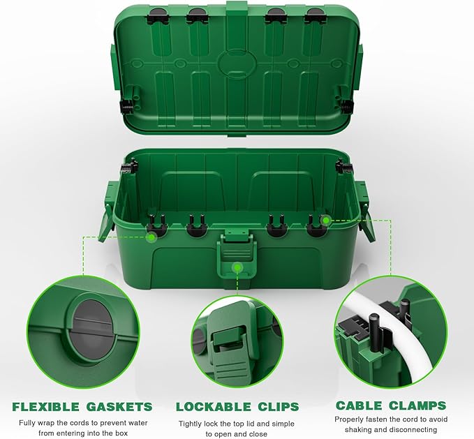 Flemoon 2-Piece Outdoor Waterproof Electrical Box Set – 12.5" x 8.5" x 5" Large & 8.1" x 4.9" x 3.1" Small Weatherproof Electrical Boxes for Power Strips, Outlets, Holiday String Lights, Green