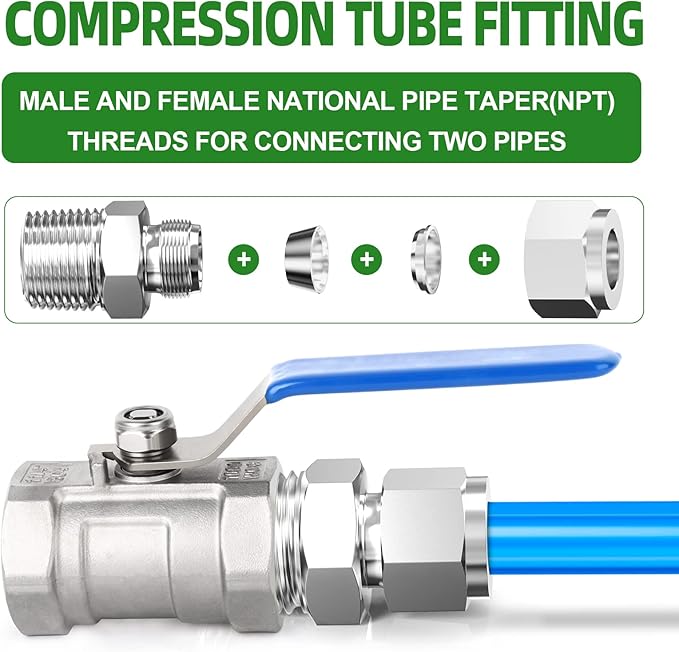 TAISHER 2PCS 304 Stainless Steel Compression Tube Pipe Fitting Connector, 3/8" Tube OD x 1/2" NPT Male Straight Adapter