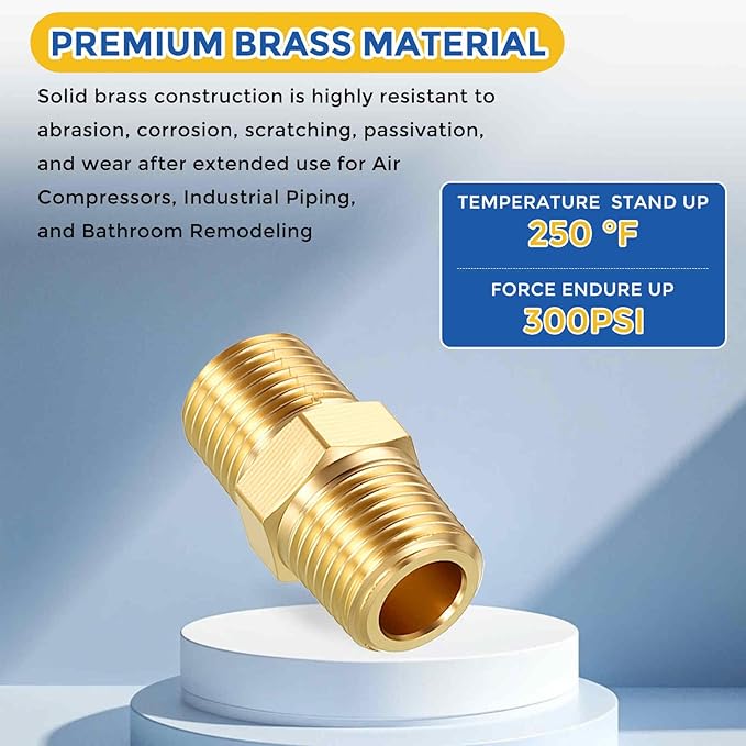 6 Pack Brass Pipe Fittings, 1/8" NPT Male to 1/8" NPT Male Brass Hex Nipple, Male Pipe Adapter Reducer for Air, Oil, LP