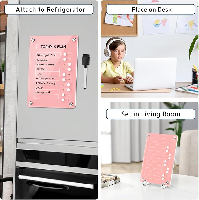 NiHome Acrylic Magnetic To Do List Planning Board with Sliders & Desktop Stand, Kids & Adults Chore Chart, Checklist Routine Chart Task Board for Fridge & Desk, For Magnetic Metal Surfaces Only (Pink)