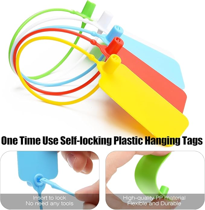 100 Blank Plastic Tags for Labeling Waterproof Hanging Labels Writable Tags Seal Plastic Marking Label for Clothes Bags Keys Inventory with One Marker Pen (Mixed 5 Color)