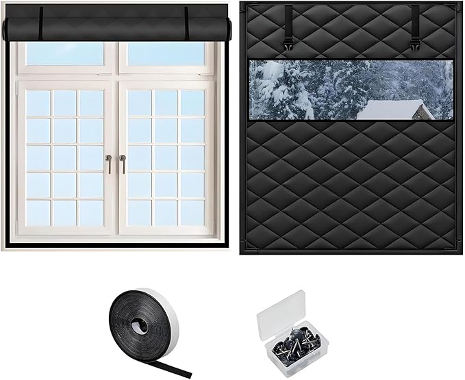 Thermal Window Cover for Wintern, Window Insulation Kit Blackout Oxford Curtain, Thicken Warm Waterproof Attic Insulation Blanket, Draft Blocker in Home RV 38 39 47 57 62 63in(Blacks,30x87in)