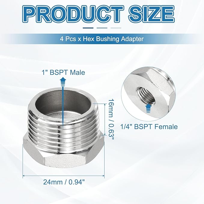 PATIKIL 304 Stainless Steel Reducer Hex Bushing 2 Pcs, 1" BSPT Male to 1/4" BSPT Female Pipe Reducing Adapter Fitting Connector for Water Gas Hydraulic Pipes Shower Hose, Silver