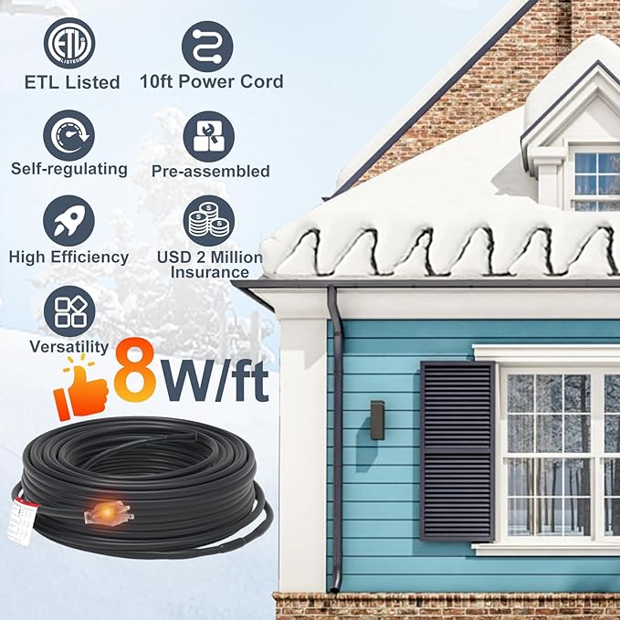 HEATIT 8JHSF1 Self Regulating Pre-Assembled Heating Cable with Spacer and Clips, Heat Tape for Roof Deicing and Pipe Freeze Protection,120V 8W/ft, 6FT