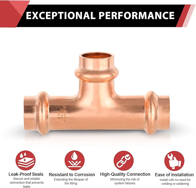 (Pack of 10) EFIELD 1/2" x 1/2" x 1/2" Copper Press Fit Equal Tee For Copper Tube Connection, Pro Pack, LBP Design,(COPPER068)
