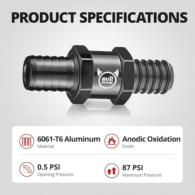EVIL ENERGY 1/2" (12mm) Check Valve, 3 Pcs Aluminum One Way Fuel Check Valve for Gasoline, Diesel & Coolant with Universal Hose Clamps, Black