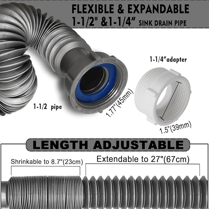 Flexible Expandable Double P-Trap Kit for 1 1/2" or 1 1/4" Double Bowl Sink Drain, Tube Pipes Kit Fit for Kitchen, Bathroom, Complete with Sealing Ring, Tape, and Tubing