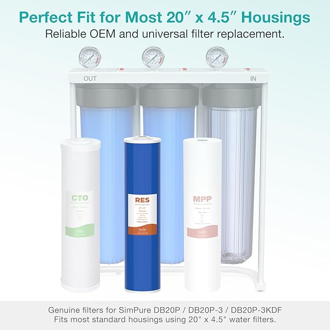 SimPure Whole House Water Filter Cartridges 20" x 4.5" Cation Exchange Resin Water Softening Filter, For DB20P, DB20P-3, WHB20, 2 Pack