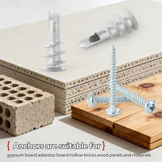 100pcs Drywall Anchors, Zinc Self-Drilling Anchor and Screw with Cross Groove Drill Bit, Fasteners Wall Anchors