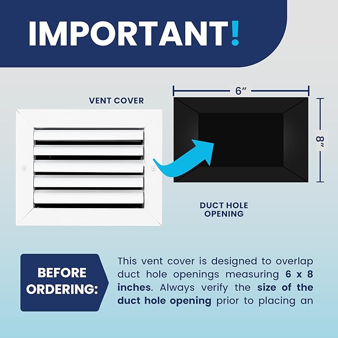 6x8 Inch (Duct Opening) Aluminum 1-Way Air Flow Vent – HVAC Vent Cover for Wall or Ceiling – Quiet HVAC Wall Register with Multi-Shutter Damper – Adjustable Curved Blade - Plastic Seal for Tight Fit