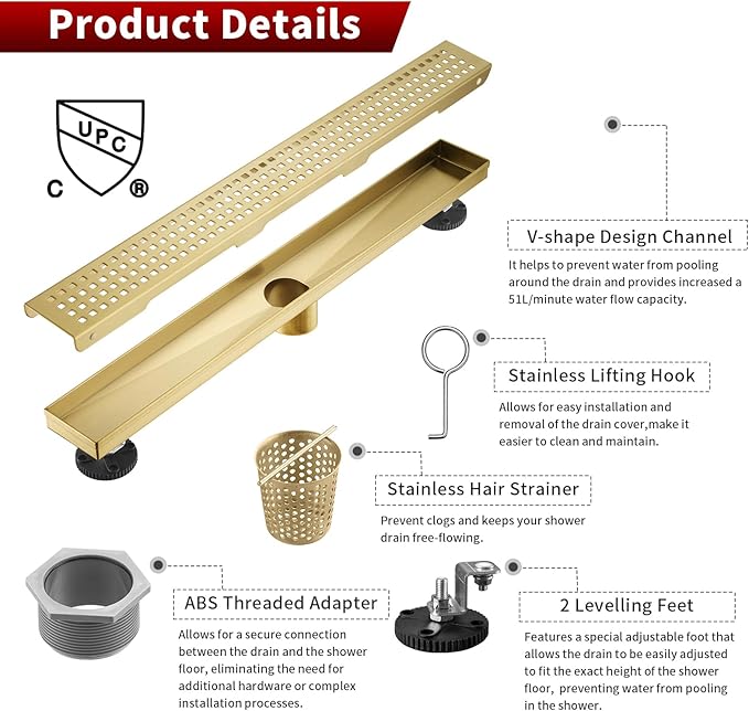 Sharp-tec 28 inch Linear Shower Drain, Gold Rectangular Floor Drain, V-Shape Design Drain Channel, 304 Stainless Steel, cUPC Certificated for Bathroom Shower Room (Drain Base is Not Included)