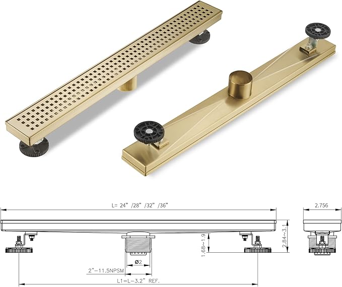 Linear Shower Drain 28 Inch Rectangular, Brushed Gold Shower Drain, 51L/Min Fast Drainage SUS-304 Stainless Steel Floor Linear Drain, US Standard CUPC Certified, Zirconium Gold, SD-112-28ZG