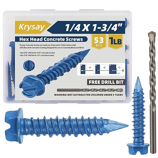 53Pcs 1/4 x 1-3/4 in Concrete Screws with Drill bits,Masonry Screws for Concrete Assortment Kit,Hex Head Block Cement Stacoo Screws and Anchors,Diamond Point,Blue Coated(1LB)