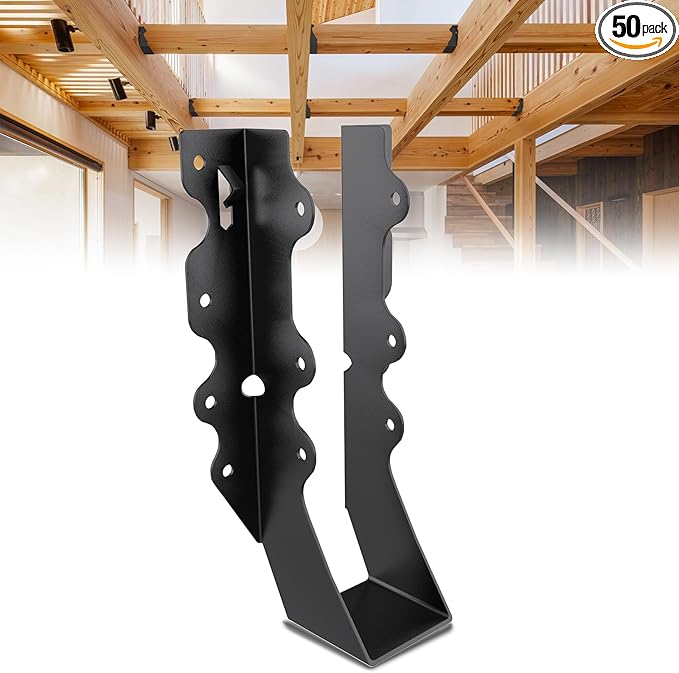 50Pcs Black 2x8 Joist Hangers for Wood,18 Gauge Face Mount Joist Hanger,Lu28 Joist Hangers Powder Coating,Hurricane Ties for Rafter,Rafter Brackets 2x8 for Deck,Floor,Roof Overhang,Ceiling Joist