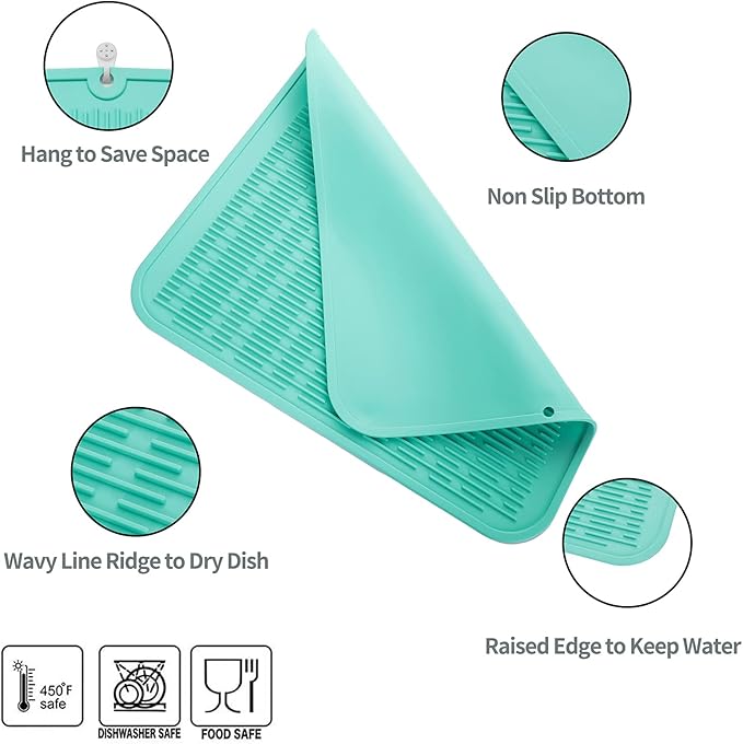 Silicone Dish Drying Mat for Multiple Usage,Easy clean,Eco-friendly,Heat-resistant Silicone Mat for Kitchen Counter or Sink,Refrigerator or Drawer Liner Mint XL 18 inches x 16 inches