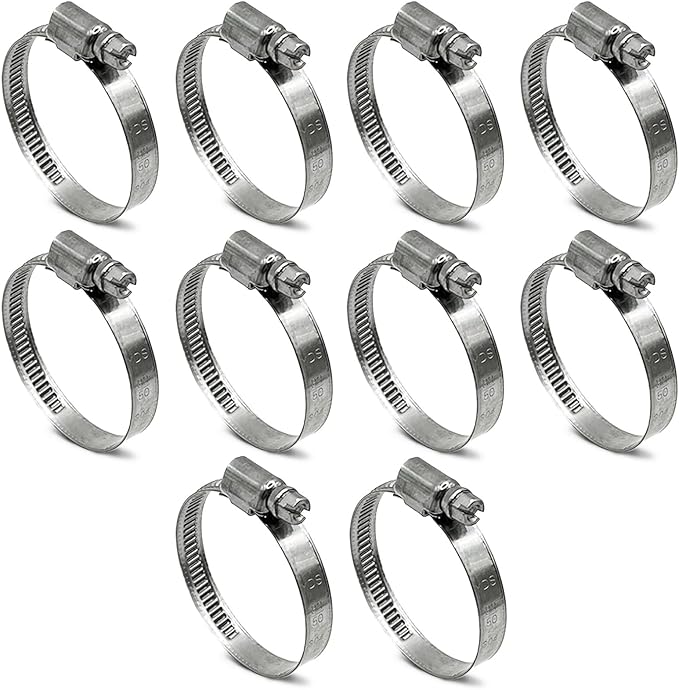Embossed Worm Gear Hose Clamps Size#24, 1-1/4 To 2 inch Adjustable Heavy Duty Stainless Steel Hose Clamp, all 304 for Pool Hose Clamps (32-50 mm, 10 Pack)