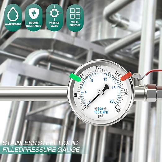 0-300PSI Stainless Steel Liquid Filled Pressure Gauge, 2.5" Dial Size, 1/4" NPT 316 Stainless Steel Joint, Back Mount, for Tube, Water Pump, Gas, Liquid (with Range Mark Pointer)