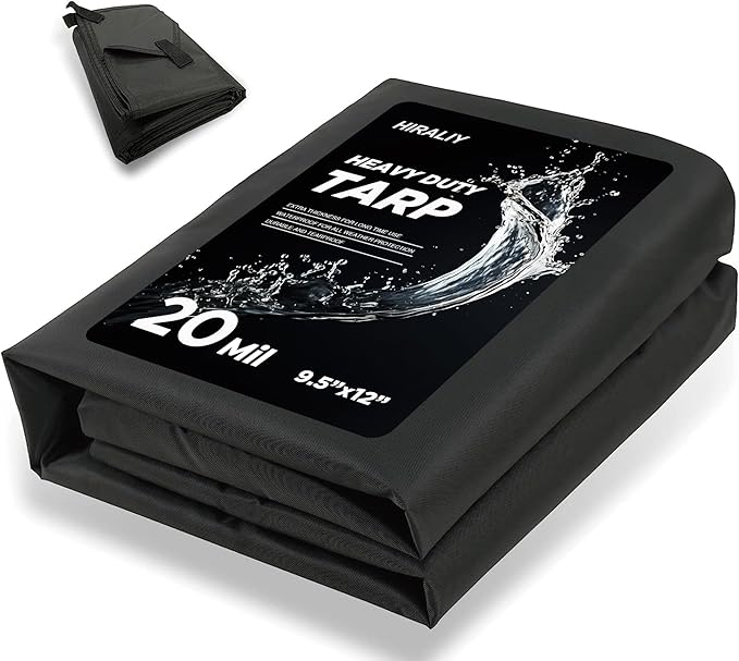 HIRALIY 20 Mil Heavy Duty Waterproof Tarp, 9.5x12ft Black Tarpaulin with Reinforced Webbing Loops, Multipurpose Oxford Fabric Tarp for Firewood, Roof, Camping, Pool