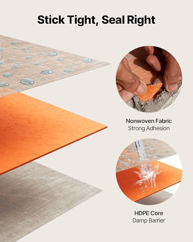 VEVOR Waterproof Membrane for Shower, 4 x 128 ft 504 sq.ft Waterproofing Tile Membrane, 20 mil Thickness Polyethylene Fabric Roll, Easy to Cut for Bathroom, Kitchen, Sauna, Walls, Underlayment