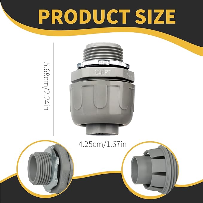 Conduit Connectors, 3/4 Inch Liquid Tight Connector NPT Non-Metallic for PVC Electrical Flexible Conduit Fittings, 180 Degree Straight, UL Listed for Home Outdoor Tubes Tools, Grey (100-Pack)
