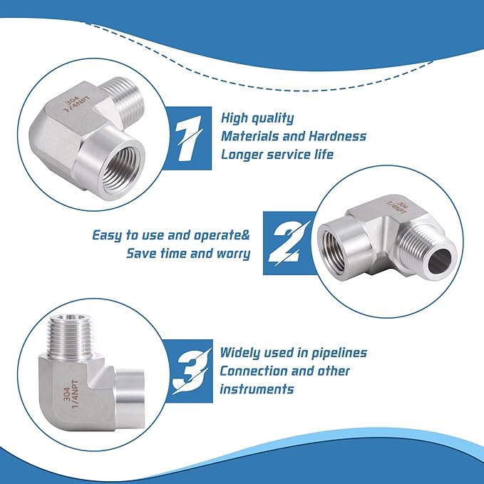 Stainless Steel Pipe Fitting,90 Degree Barstock Street Elbow, 1/4" NPT Male x 1/4" NPT Female (Pack of 2)