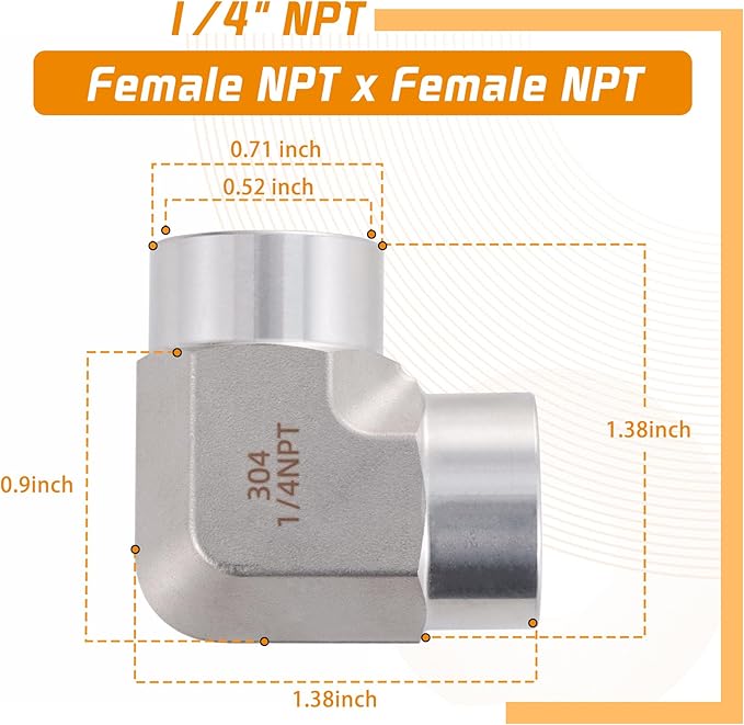 Stainless Steel Pipe Fitting 90 Degree Barstock Street Elbow 1/4" NPT Female x 1/4" NPT Female 2 Pack