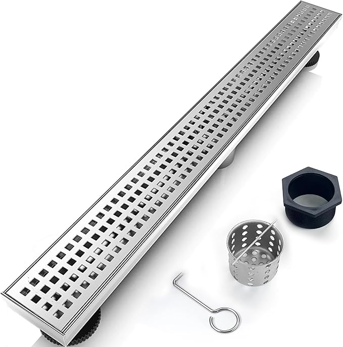 32 Inch Removable Cover Linear Shower Drain 304 Stainless Steel Rectangular Floor Drain for Kitchen Bathroom Square Hole Pattern Drain with Accessories Hair Strainer Adjustable Leveling Feet (Silver)