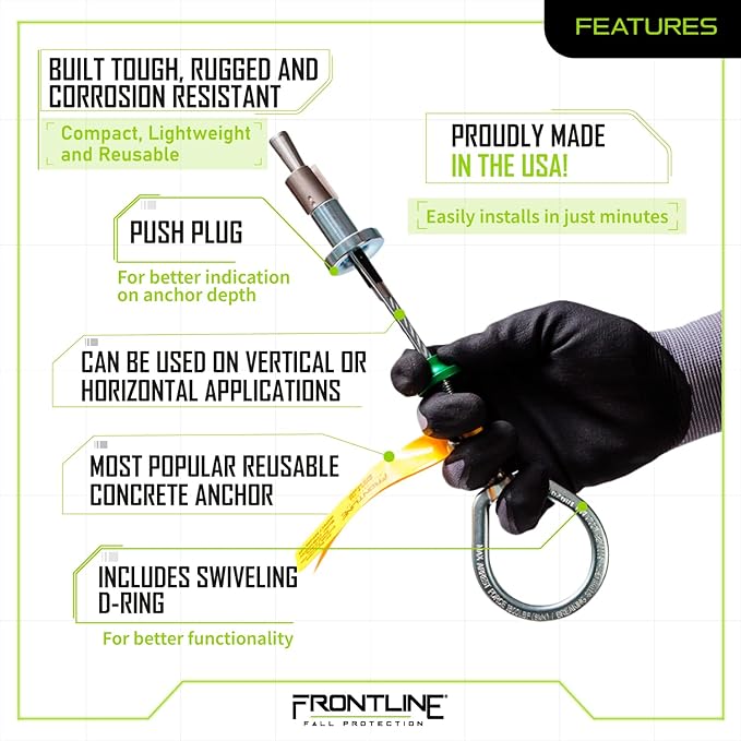 Frontline COB345KSV Reusable 5K Concrete Anchor Bolt with Swiveling D-Ring | ANSI, OSHA & EN Compliant | Built Tough, Rugged and Corrosion Resistant | OSHA & ANSI Compliant
