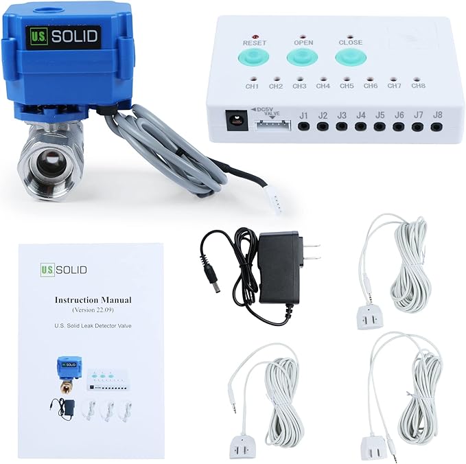 U.S. Solid Water Leak Detector - Water Alarm Leak Detect System with 3/4” Automatic Shut-Off Stainless Steel Motorized Ball Valve, Controller and 3 Sensors and Sound Alarm