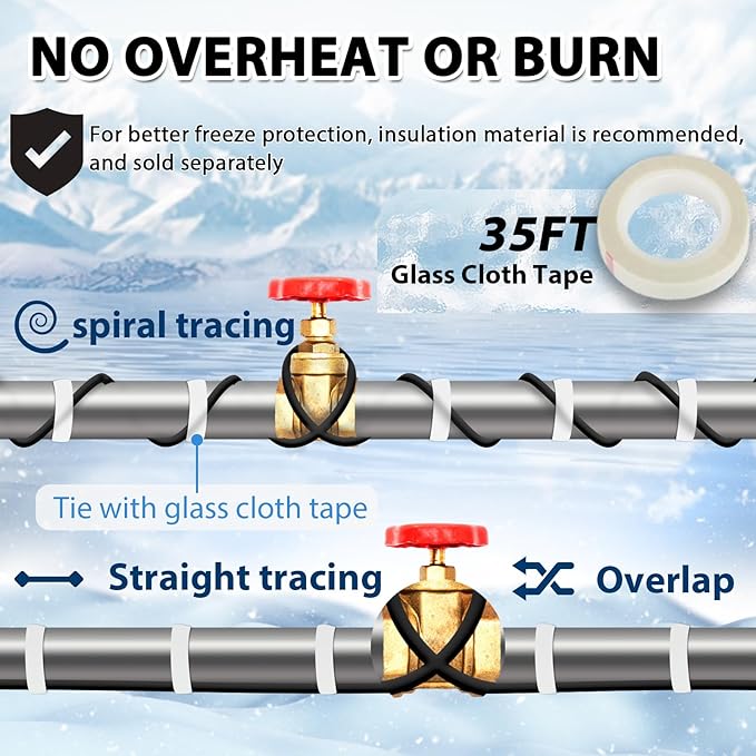 HEATIT 18ft Automatic Heat Trace Cable for Metal And Plastic Pipes, Self-Regulating Pipe Heating Cable with Thermostat for Pipe Freeze Protection,Keeps Water Flowing at -40°F,ETL Listed,120V3W/FT