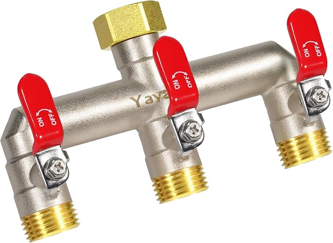 Heavy Duty Brass Garden Hose Splitter - 3-Way 3/4" GHT Thread, High Flow Faucet Splitter, Water Hose T Spigot Splitter with Shutoff Valves, Water Adapter & Connector-Long Metal Handle