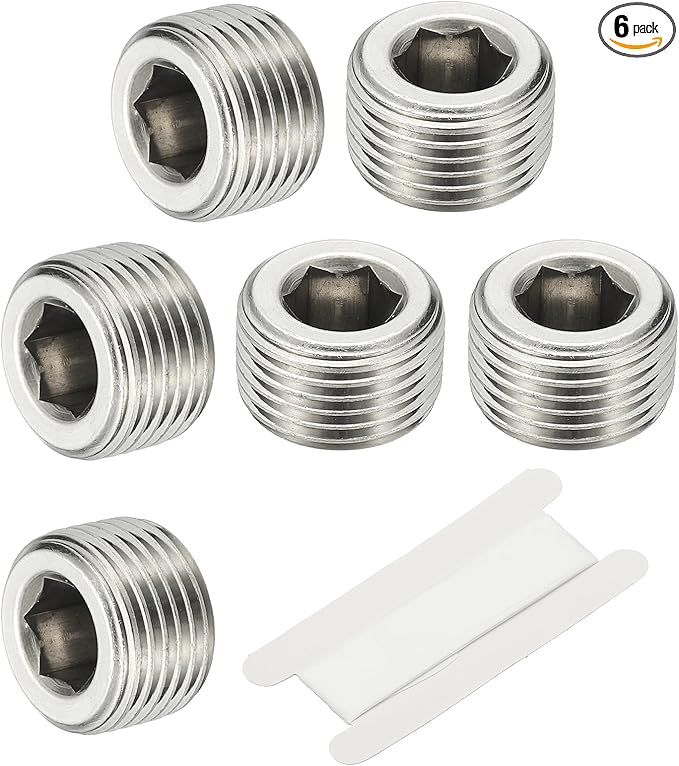 PATIKIL 3/8" NPT Male Internal Hex Pipe Fitting, 6 Pcs 304 Stainless Steel Pipe Plug Fitting Assortment Kit Countersunk Thread Head Socket Pipe Plug Fitting Adapter with Tape, Silver