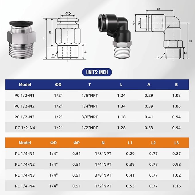 1/2" Tube OD to 3/8" NPT Thread Push to Connect Fittings,Pneumatic Quick Air Hose Fittings,Male Straight + Elbow,PC+PL(12pcs)