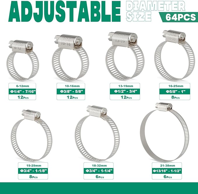 64PCS Hose Clamps Stainless Steel Assortment Adjustable 1/4"-1-1/2"(6-38mm) Worm Gear Hose Clamp, Heavy Duty Metal Small Hose Clamps for Automotive, Pipe, Radiator Plumbing, Fuel Line