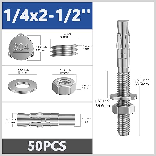 50Pcs 1/4x2-1/2 Inch Standard Fasteners for Heavy-Duty 304 Stainless Steel Wedge Anchors for Cement and Concrete