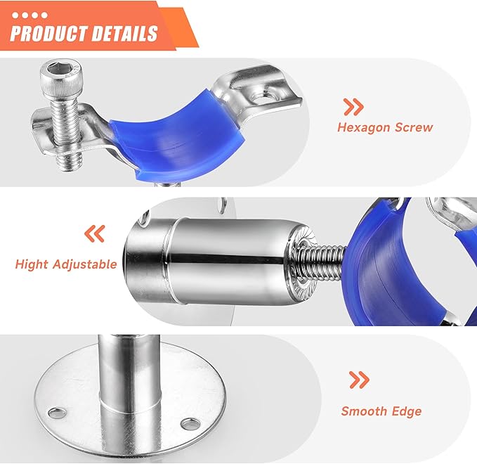 6PCS 304 Stainless Steel Wall Mount Ceiling Mount Pipe Supports,Suitable for OD Pipe 32-34mm,Adjustable Height 30-50mm,Adjustable Pipe Strap Clamp with Screws